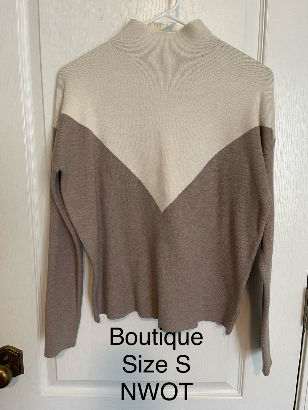Cynthia Rowley Cream and Taupe Colorblock Mock Neck Sweater